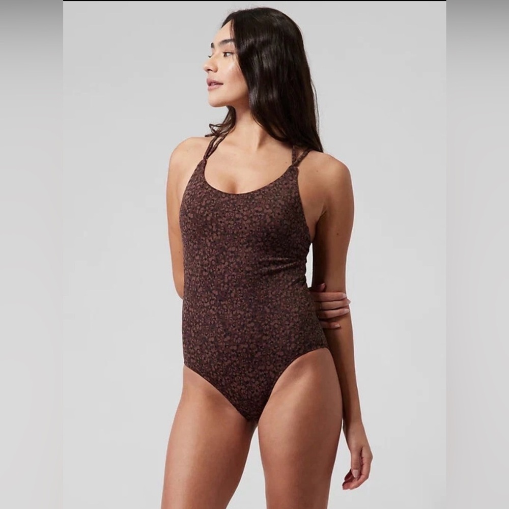 Athleta Choclate Floral Camo Keyhole Back One Piece Swimsuit Brown